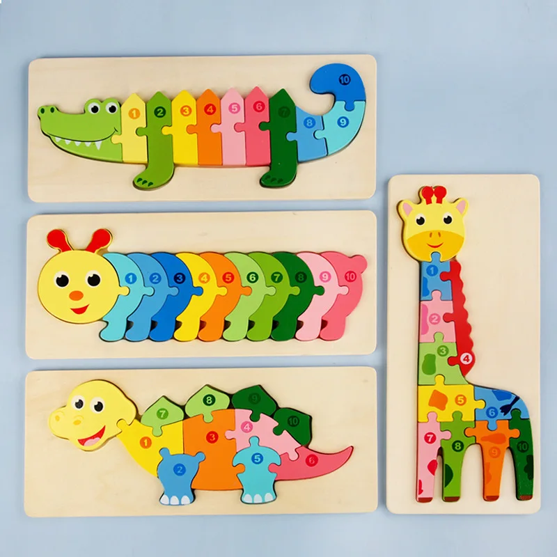 Wooden Three-dimensional Cartoon Animal Puzzle Board with Large Buckle for Children's and Early Education Toy Building Blocks