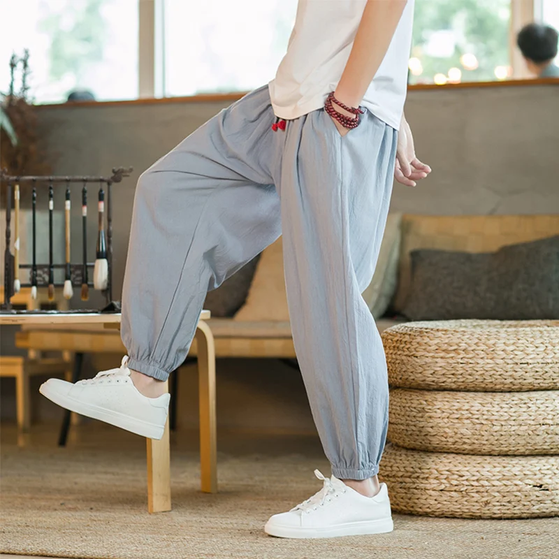 Men's Cotton and Hemp Pants M-5XL Spring and Autumn Men's Cotton and Hemp Pants Loose Drawstring Lantern Pants Haren Japanese Casual