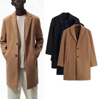 Men's Coat Solid Color Spring 2023 New Men's Suit Collar Mid-length Coat Simple Trench Coat Imitate Woolen Coat