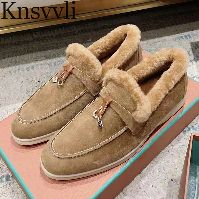

Winter Shoes Women Kid Suede Round Toe Slip-On Flat Shoes Unisex Metal Lock Wool Warm Walk Shoes Comfort Loafers For Men