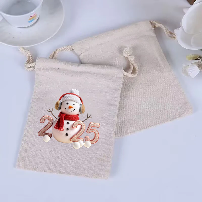 Christmas snowman reusable drawstring bag cotton bundle pocket printed Christmas design 10 pieces