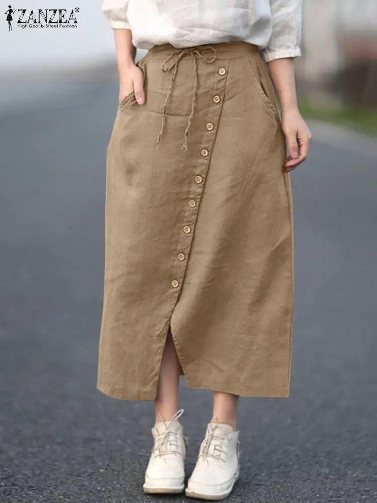 

ZANZEA Vintage Autumn Sundress Women Maxi Skirts High Waist Robe Split Hem Vestidos Elegant Casual Long Skirt Solid Faldas Saia