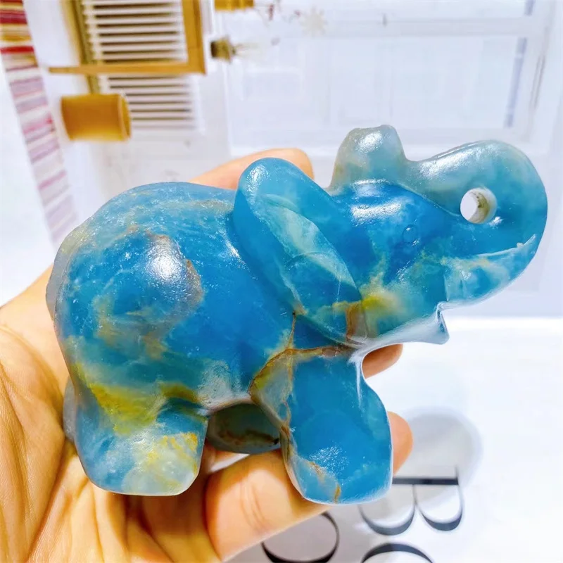 

Natural Blue Onyx Elephant Carving Carved Figurine Energy Gemstone Crafts Home Decoration Christmas Gift 1pcs