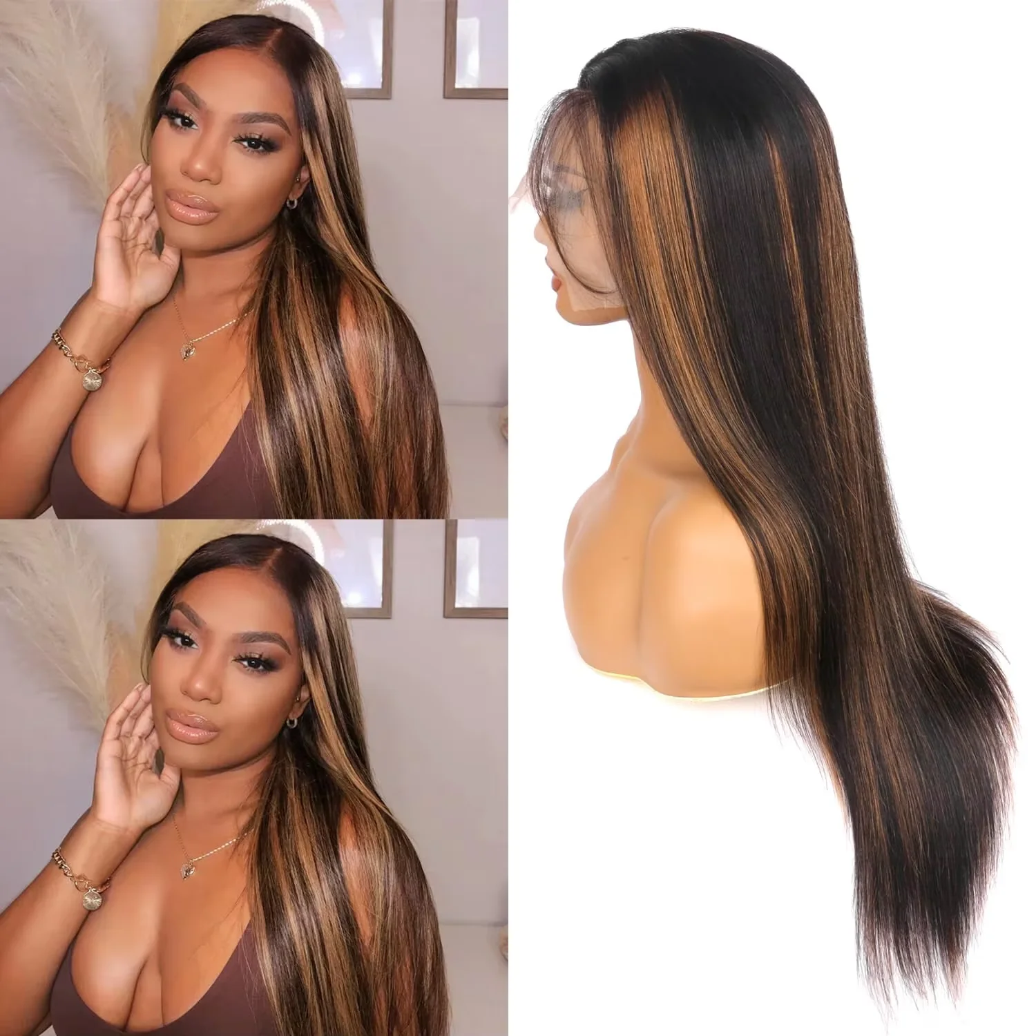 1B/30 Bone Straight 46 Inch Human Hair Wigs 13x4 13x6 HD Lace Front Wig 200% Density 1b30 Highlight Pre-plucked Hair Wigs 3