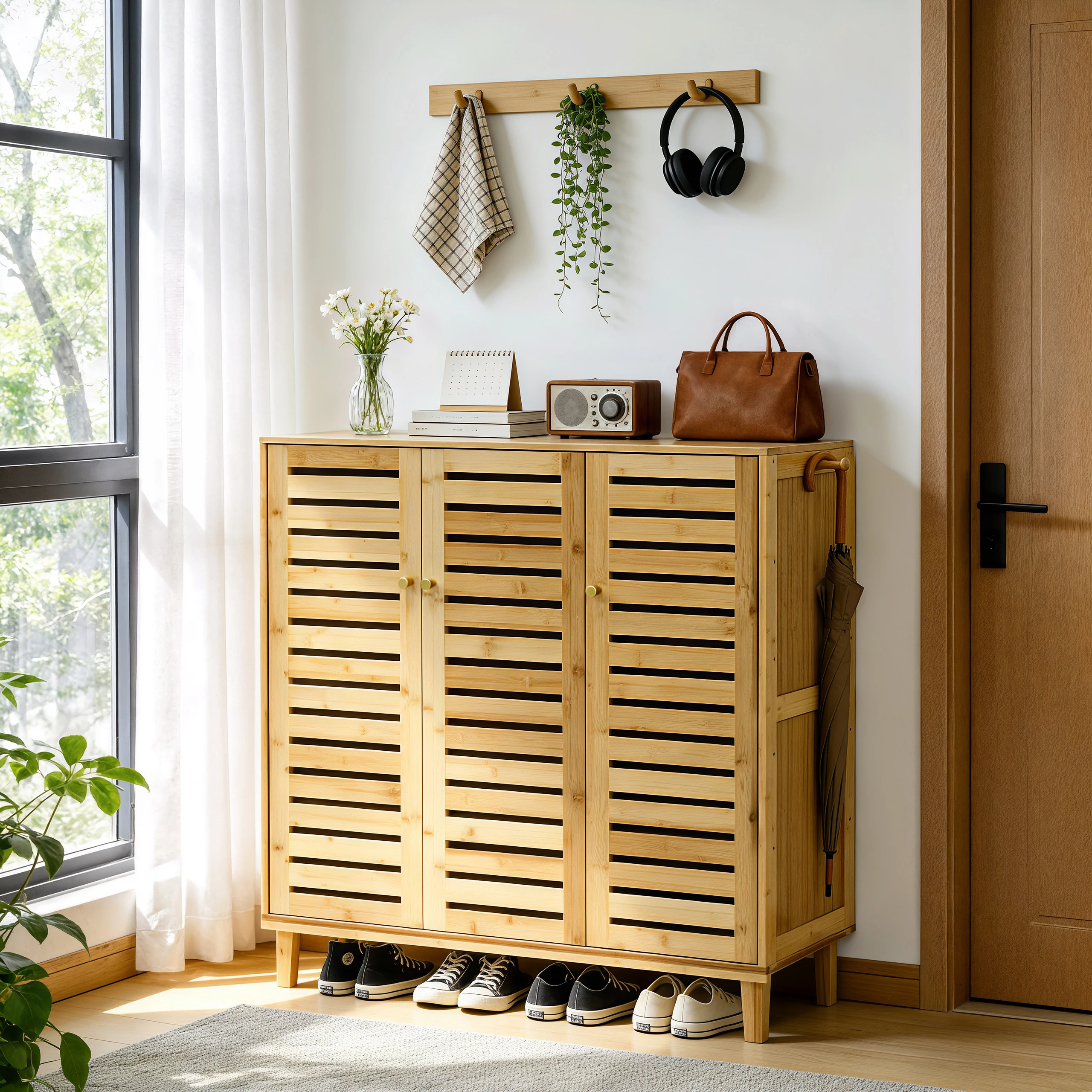 Bamboo Shoe Storage Cabinet with Slatted Doors, 5-Tier Wooden Shoe Organizer Cupboard for Entryway Hallway, Freestanding Large Shoe Rack with Side Hooks & Magnetic Closure