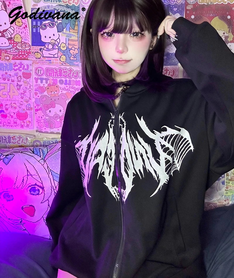 

Mine Series Hooded Short Jacket Autumn and Winter Fashion Japanese Loose Zipper Black Cardigan Hoodie Coat Outwear Women