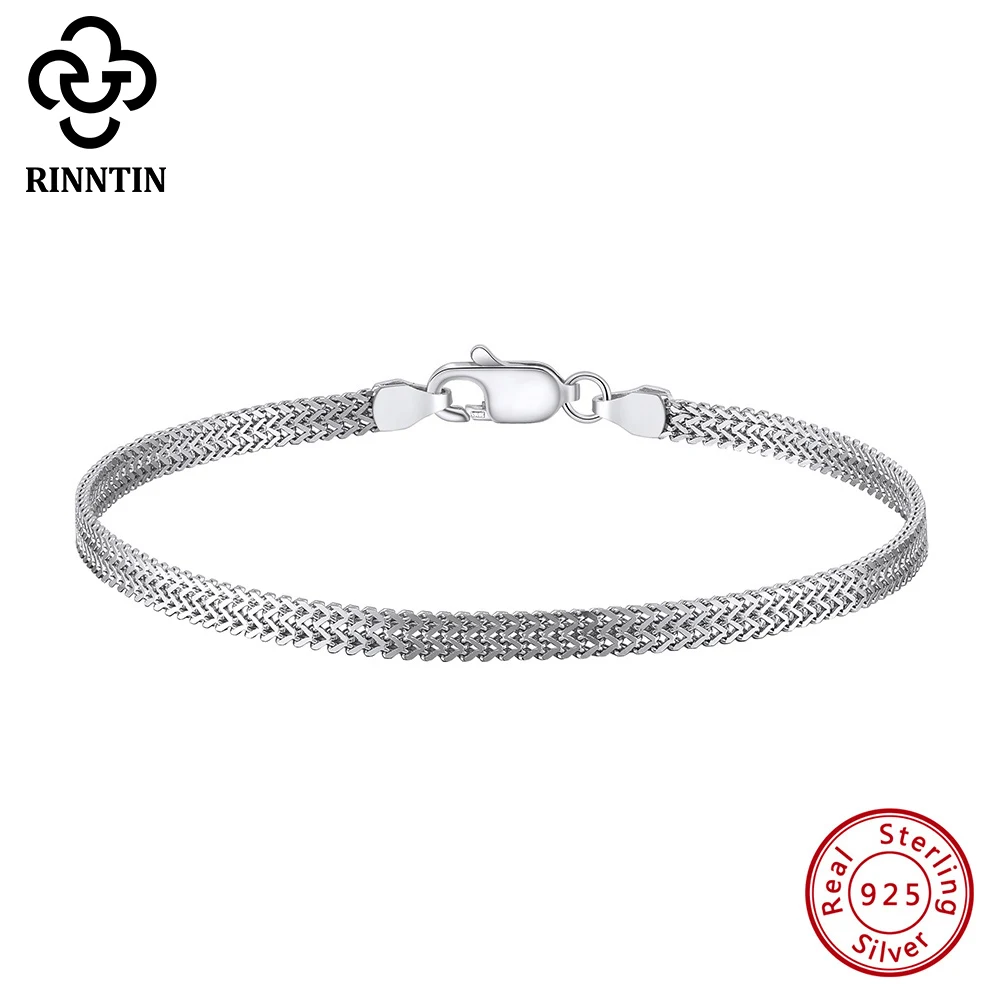 Rinntin 925 Sterling Silver 2.8mm Flat Mesh Chain Bracelets Hight-Quality Bangle Chain Simple Women Men Daily Accessories SB216