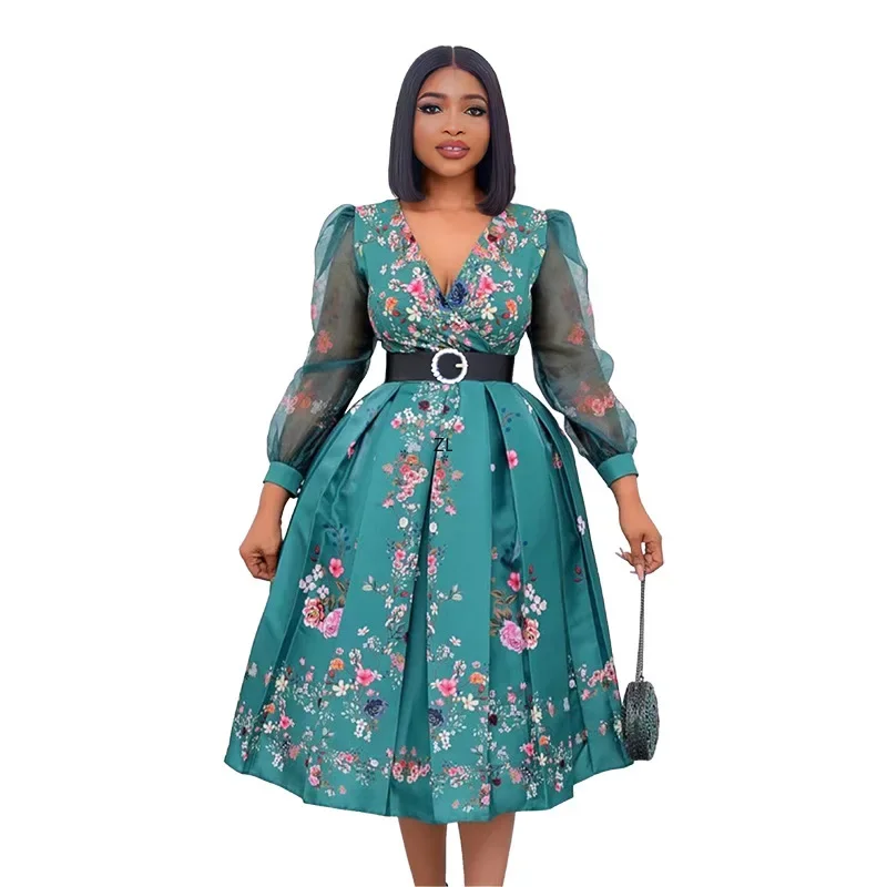 

Summer African Long Sleeve V-neck Dashiki Printing Polyester Traditional Robe African Clothes M-2XL African Dresses for Women