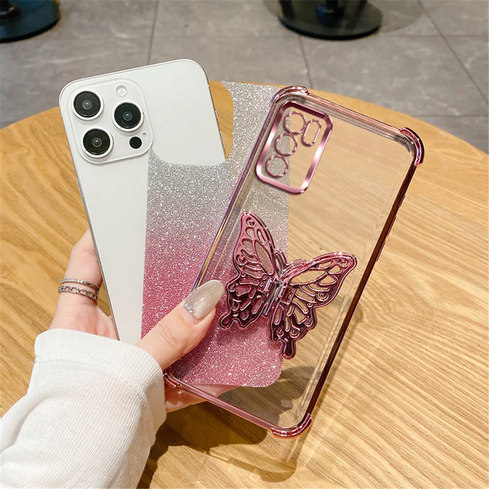 Shockproof Glitter Butterfly Stand Phone Case with Plating Cover