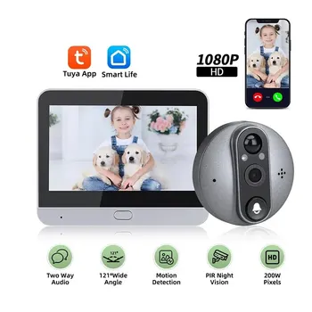 스마트 투야 와이파이 문짝 벨 아이 구멍 카메라, 5000mAh 오디오 4.3, PIR FHD 적외선 알렉사 구글 발표 디지털 뷰어, 1080P