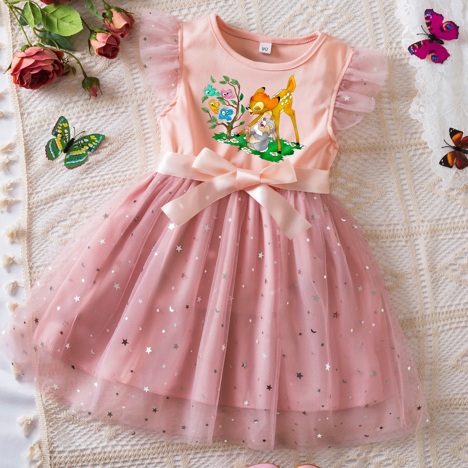 

Bambi Sweet Girls Summer Clothes Flying Sleeves Bow Sequin Dress 2-6Y Kid Birthday Pink Fluffy Tutu Princess Dress for Baby Girl
