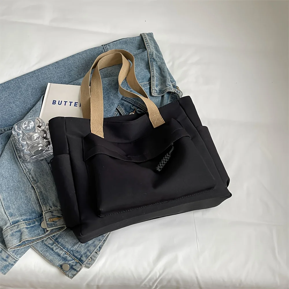 Nylon Tote Bag with Multiple Pocket Lightweight Foldable Design for Office Commute Shopping Fitness Storage Handbag Shoulder Bag