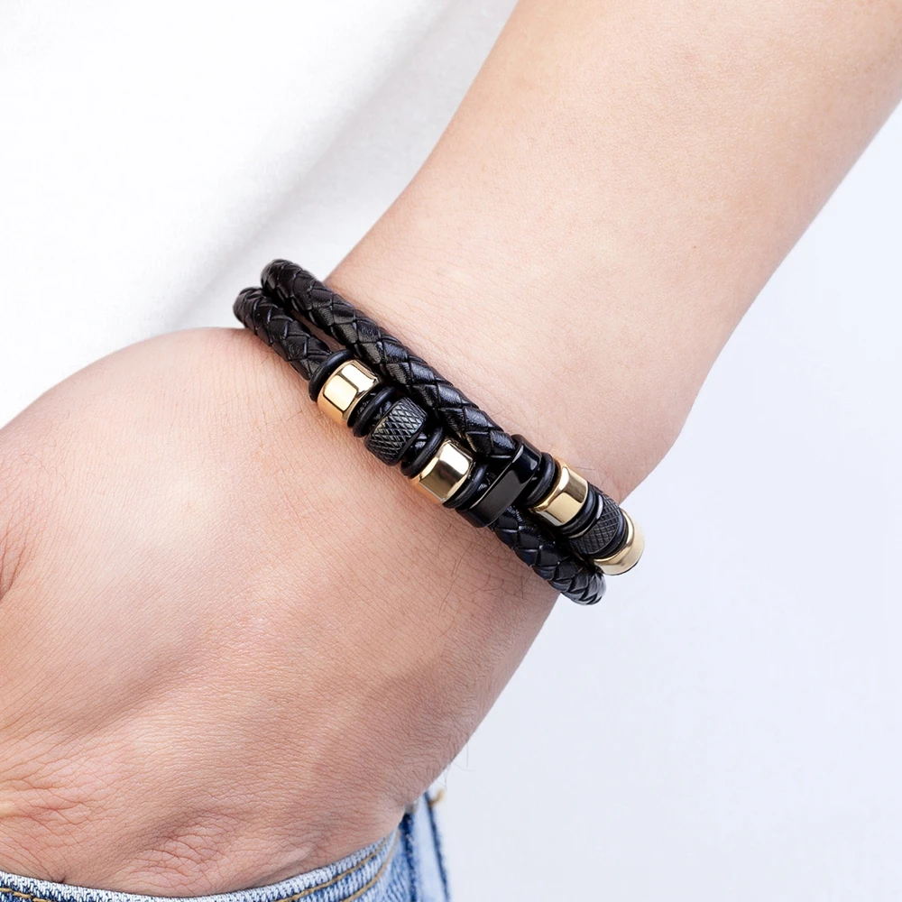 Double Layers Stainless Steel Mens Bracelet Braided Genuine Leather Combination Magnetic Clasp - Image 6