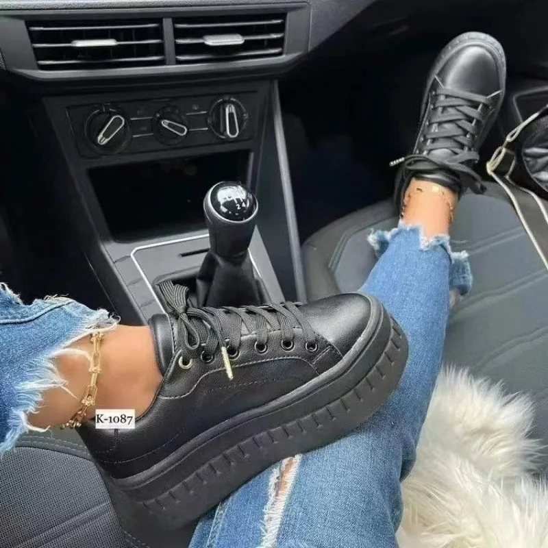 2024 Women Sneakers Solid Color Pu White Shoes Skateboard Height Increased Platform Vulcanized Casual Winter Lady Lace-Up Flats 2