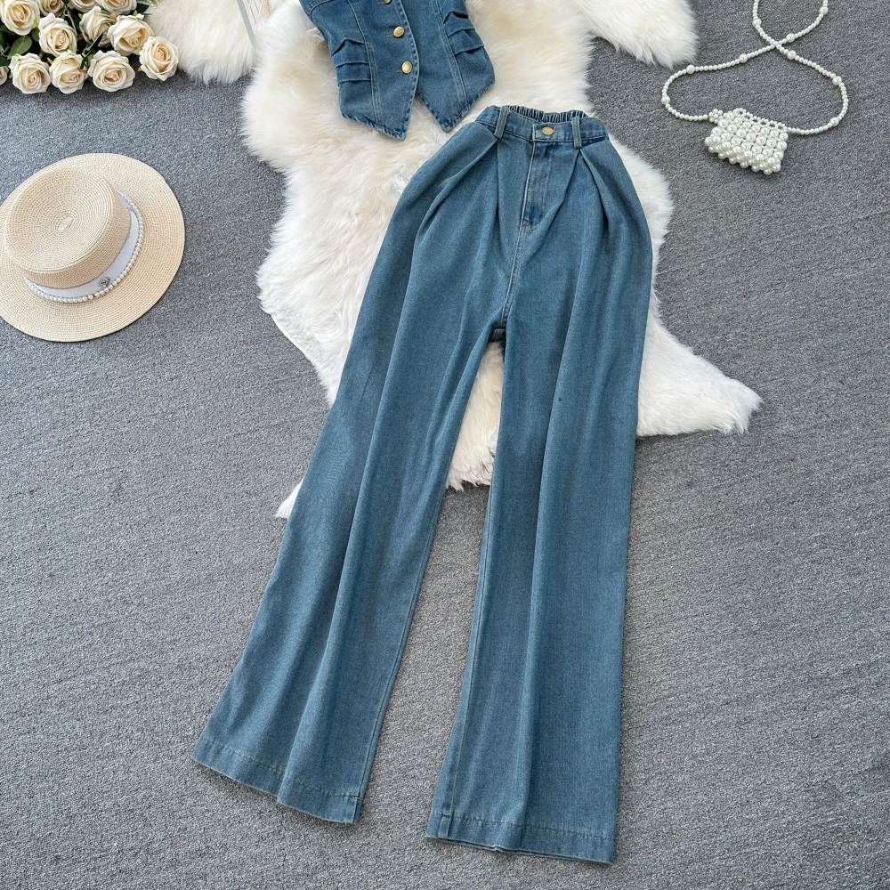 Fashion Set Women's Strapless Denim Suspender Two-piece Set with High Waist, Medium Length, Buttocks Wrapped Skirt for Summer