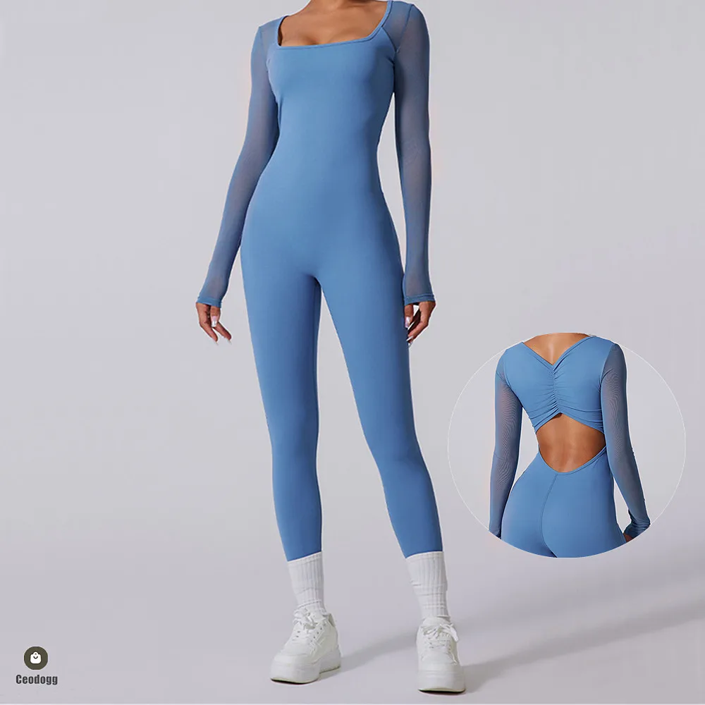 Pad Mesh Long Sleeve Shirt Women Sportwear Yoga Set Outfit Fitness Workout Legging One-piece Jumpsuit Gym Sports Bodysuit