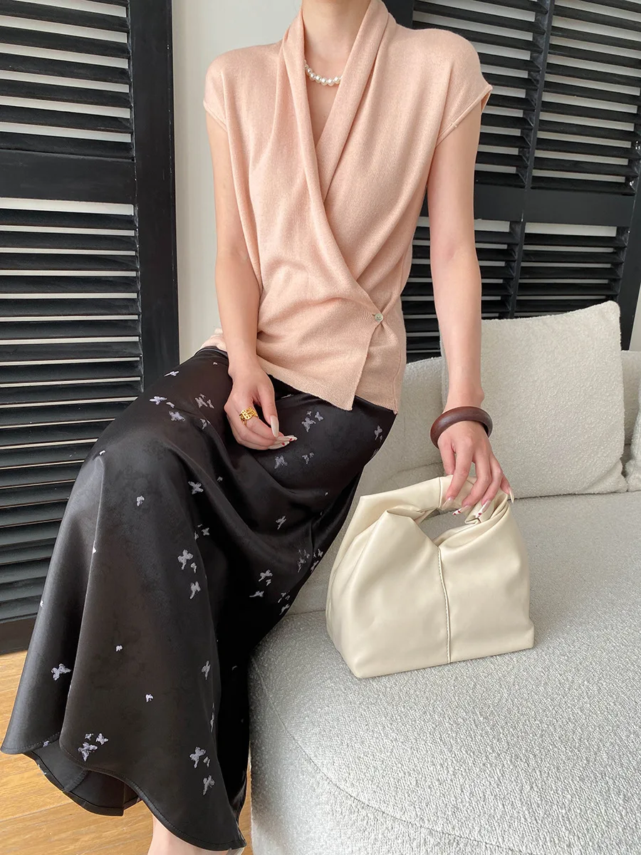 Frühlings- und Sommerrock für Damen im chinesischen Stil mit Schmetterlings-Jacquardmuster, elastischer hoher Taille und drapiertem Satin. – Detail 32