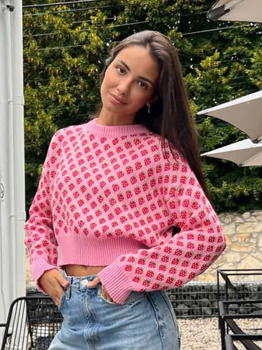 Bornladies Women's Autumn Winter New Strawberry Jacquard Sweater O-Neck Long Sleeve Loose Fit Casual Jumpers