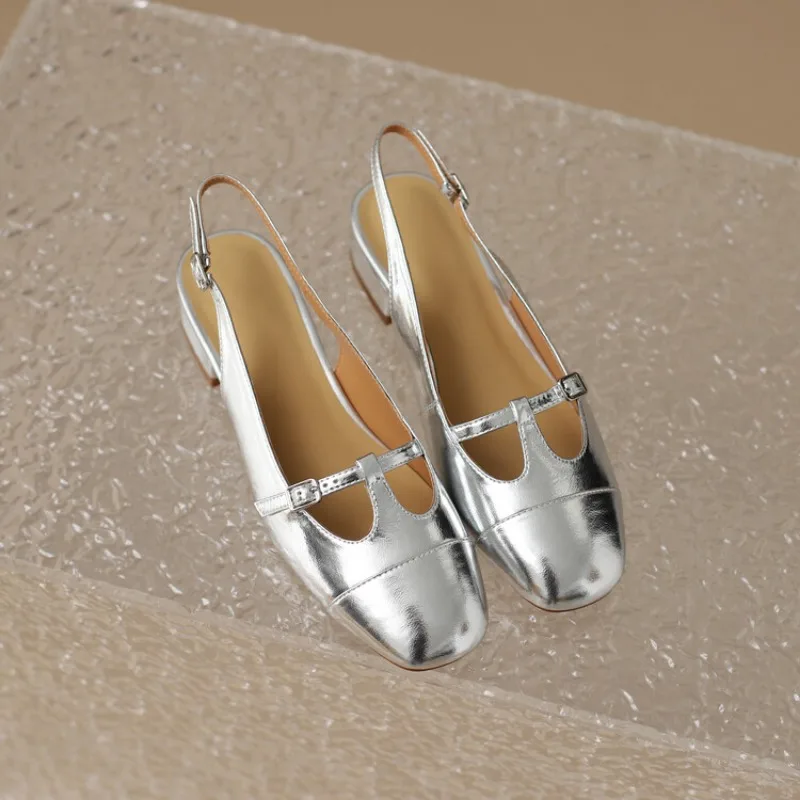 Genuine leather round toe Mary Jane sandals, retro thick heeled high heeled women's shoes