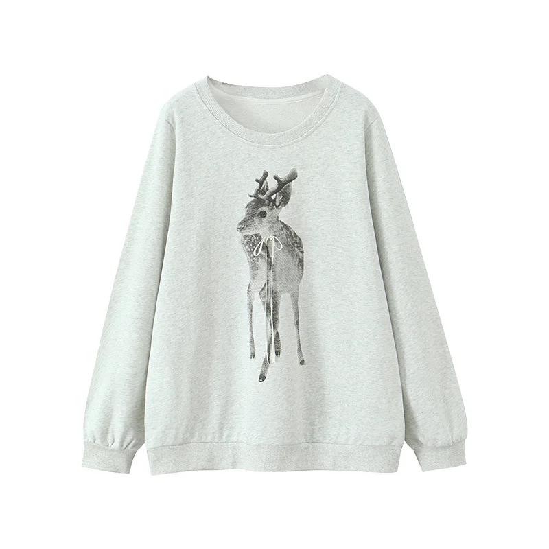 Fashion Plus Size Women's Hoodies Premium Casual Autumn Loose Round Neck Deer Print Sweatshirt 9285