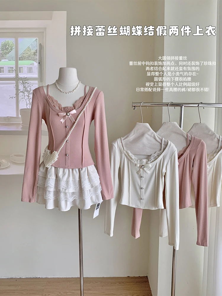 

Женская трикотажная футболка с длинным рукавом и бантом, Y2K