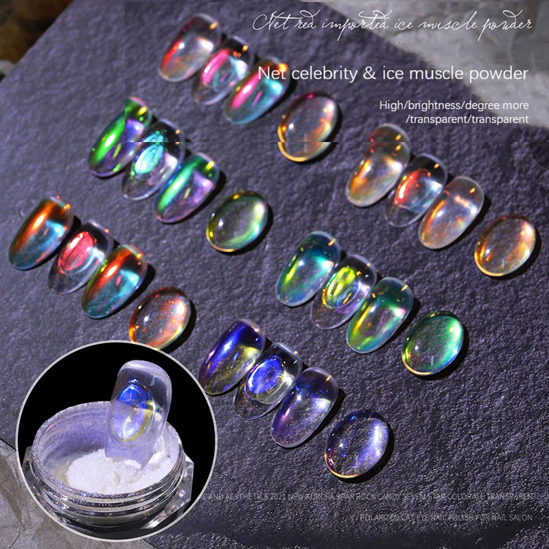 Aurora Nail Glitter Powder Ice Trasparente Muscle Multicolor Rainbow Uv Gel Pigment Chrome Nail Art Decoration