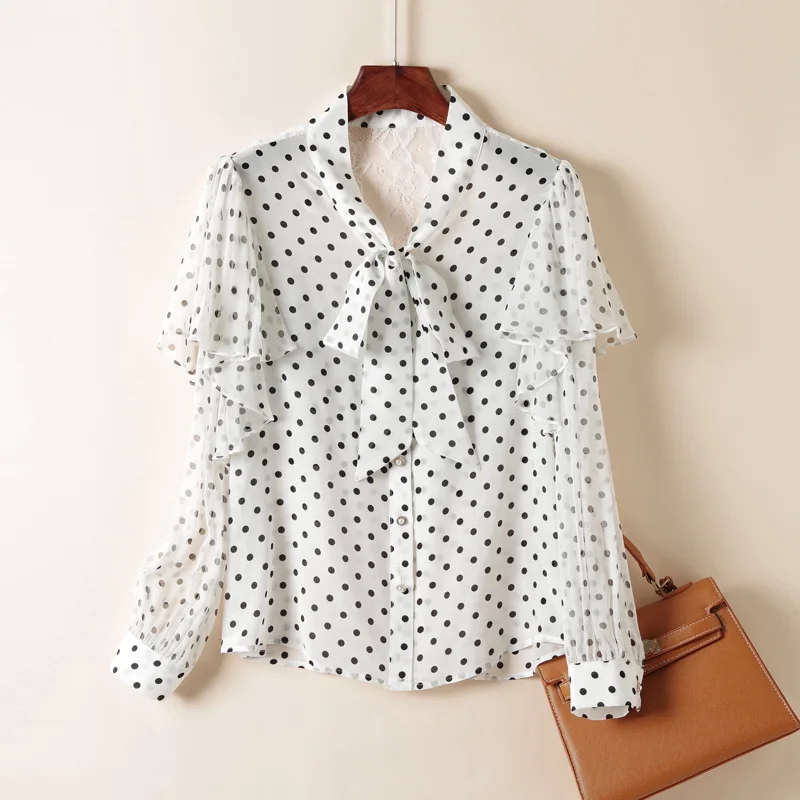 

Birdsky, 1PC Women shirts tops long sleeve ruffles yoke lace back 100% real mulberry silk polka dot White & Black, S-622