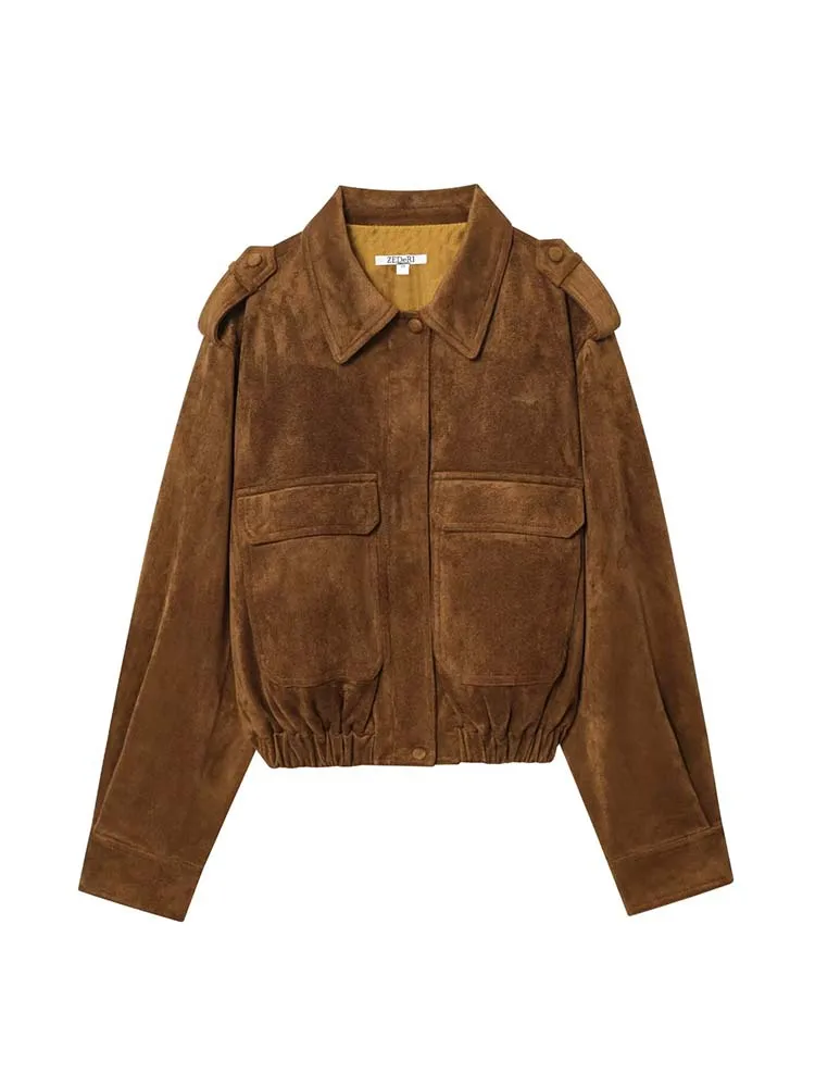 Women Lapel Suede Fabric Jacket 2025 New Autumn And Winter Fashion Long Sleeve Zipper Coat Chic Female High Street Outerwear