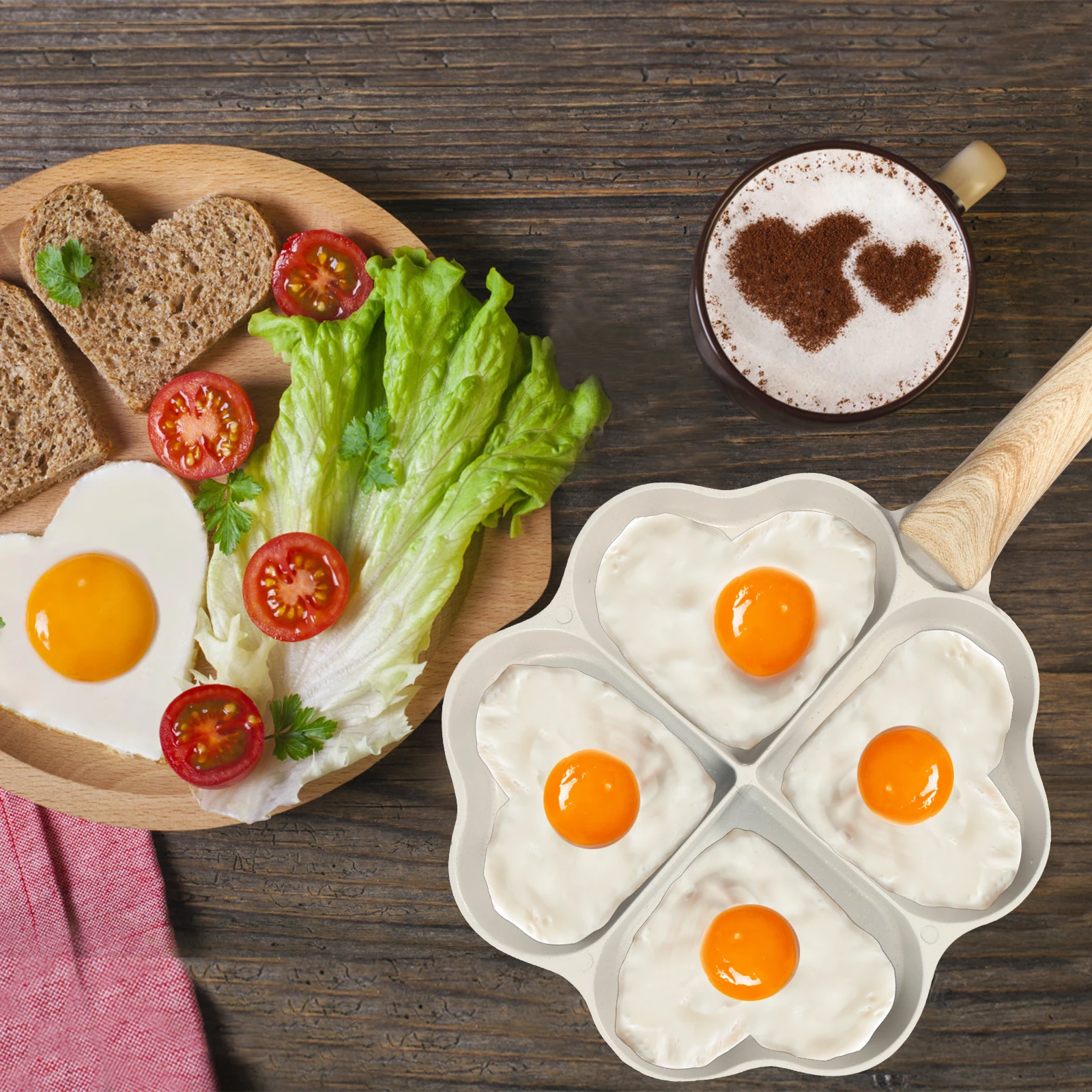 Egg Frying Pan 4-Cup Heart Omelette Pan Non-Stick Egg Skillet with Wooden Handle Aluminum Alloy Egg Cooker Pan Effortless