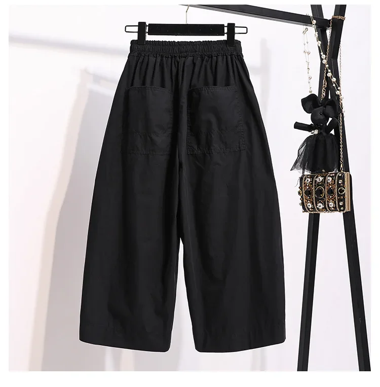2024 frauen Retro Japanischen Arbeit Stil Geerntete Hosen Neutral Lose Elastische Taille Große Laterne Breite Bein Hosen Streetwear Frauen – Detail 17