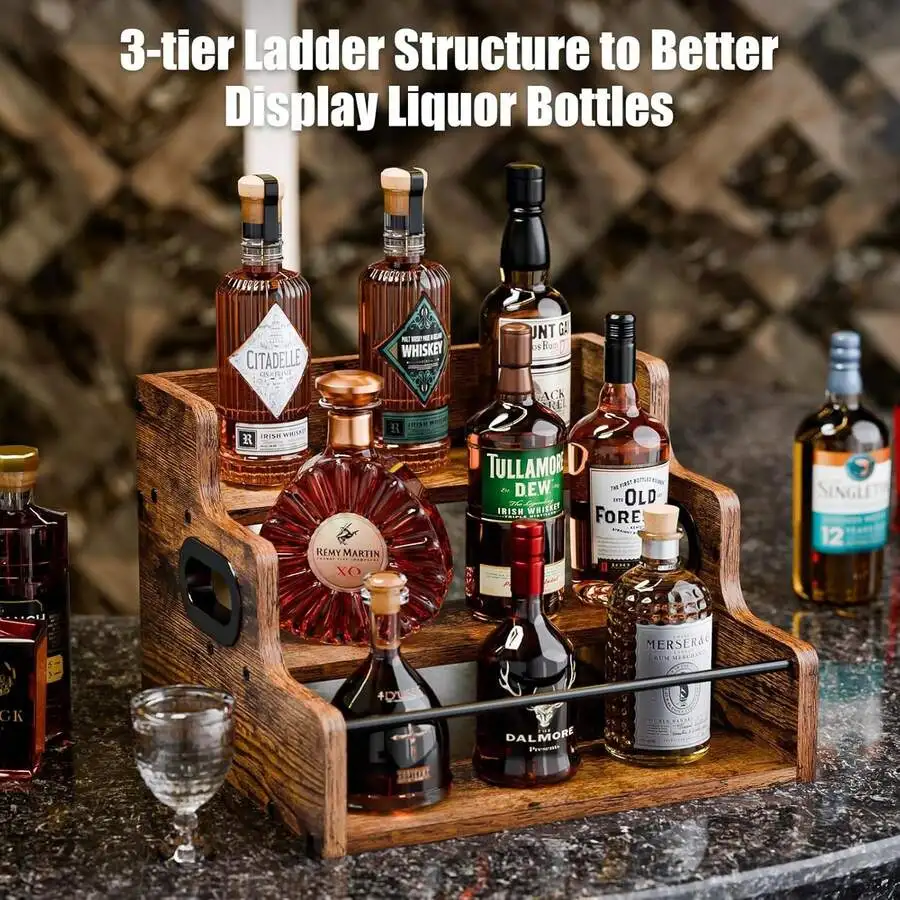 Solid Wood Liquor Bottle Display Shelf, Coffee Syrup Rack Organizer, 3 Step Countertop Liquor Wine Rack, Mini Bar, Liquor Cabine image 6