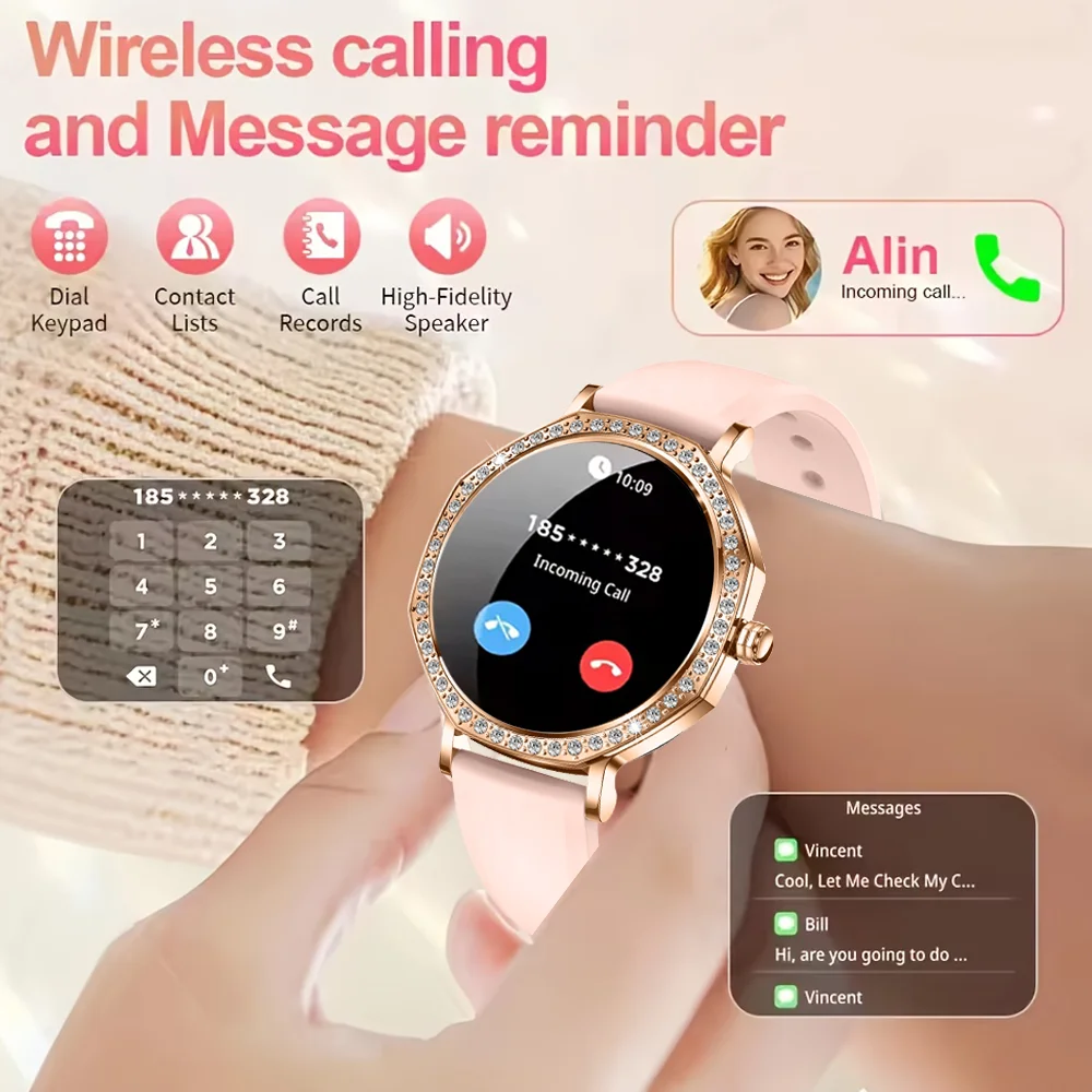 새로운 패션 여성용 스마트워치 AMOLED HD 스크린 블루투스 통화 IP68 방수 안드로이드 및 iOS에 적합 여성용 스마트워치