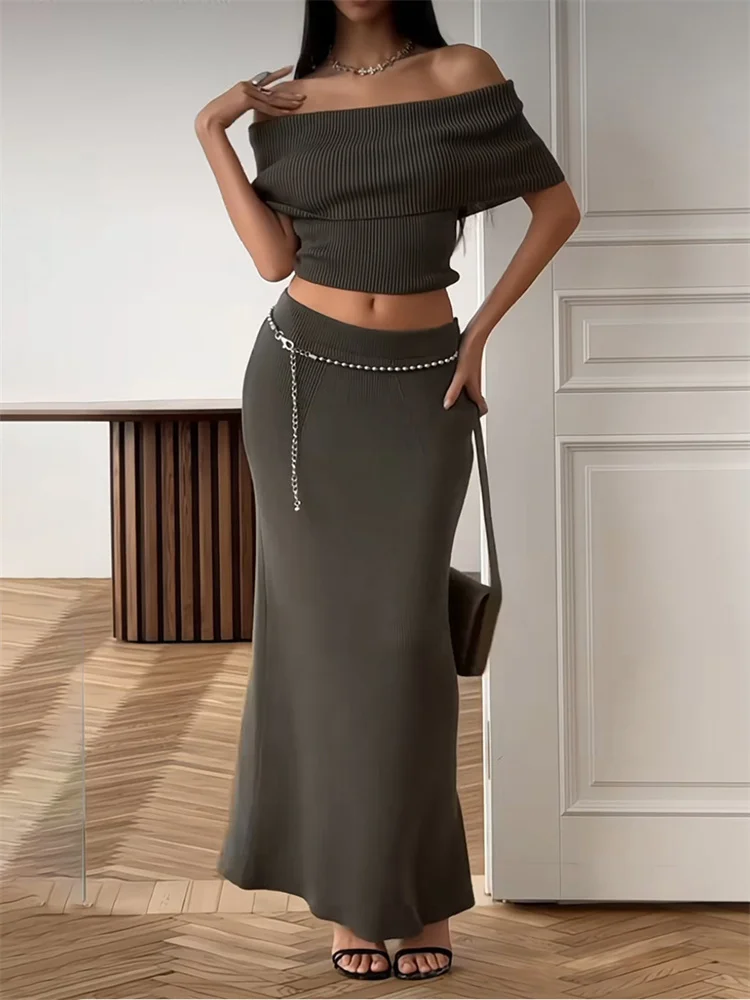 Knit Ribbed 2 Piece-Set Long Skirt For Women Backless Solid Cropped Sweater Pullover And Slim Knitwear Maxi Skirt Outfits