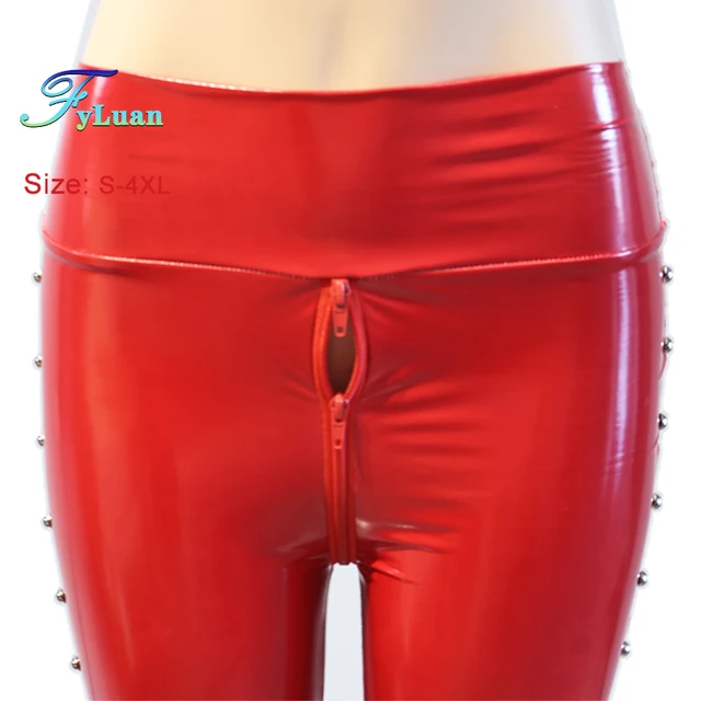 Open Cortch Double Zipper Shine PU Leather Skinny Women Pants Rivet Stage Club Long Trousers Tights Leggings Party Rock Costumes 1