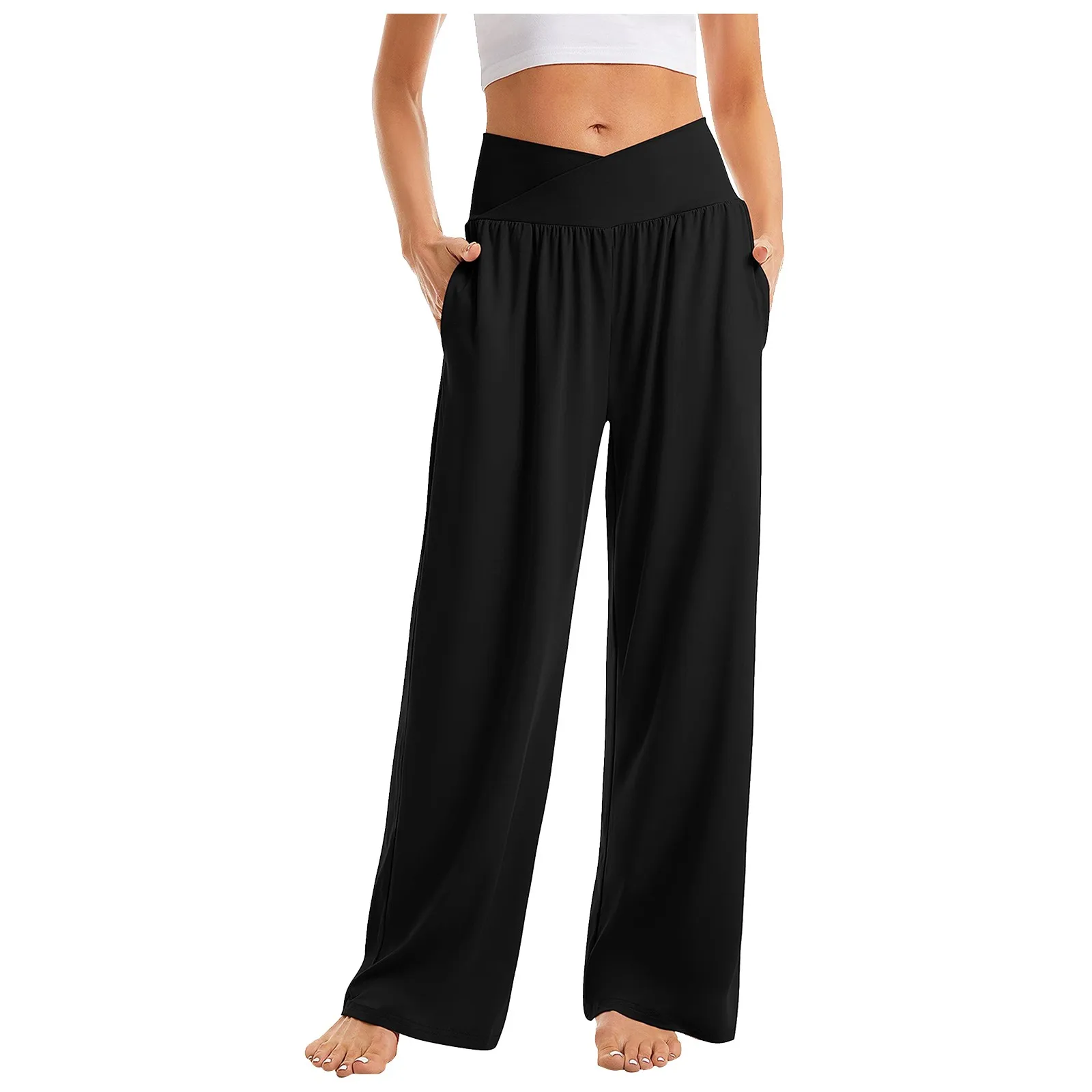 

Women's High Waist Solid Color Casual Trousers Wide Leg Sports Pants With Pockets calça feminina pantalones holgados mujer