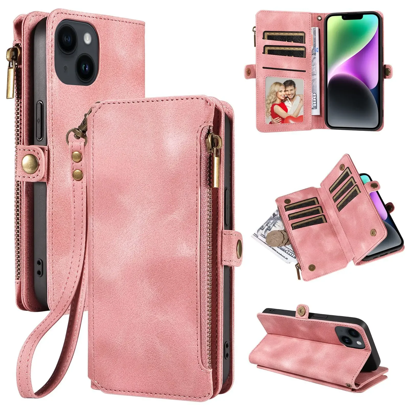 Luxurious Zipper Leather Wallet Phone Case with Card Slots and RFID Protection