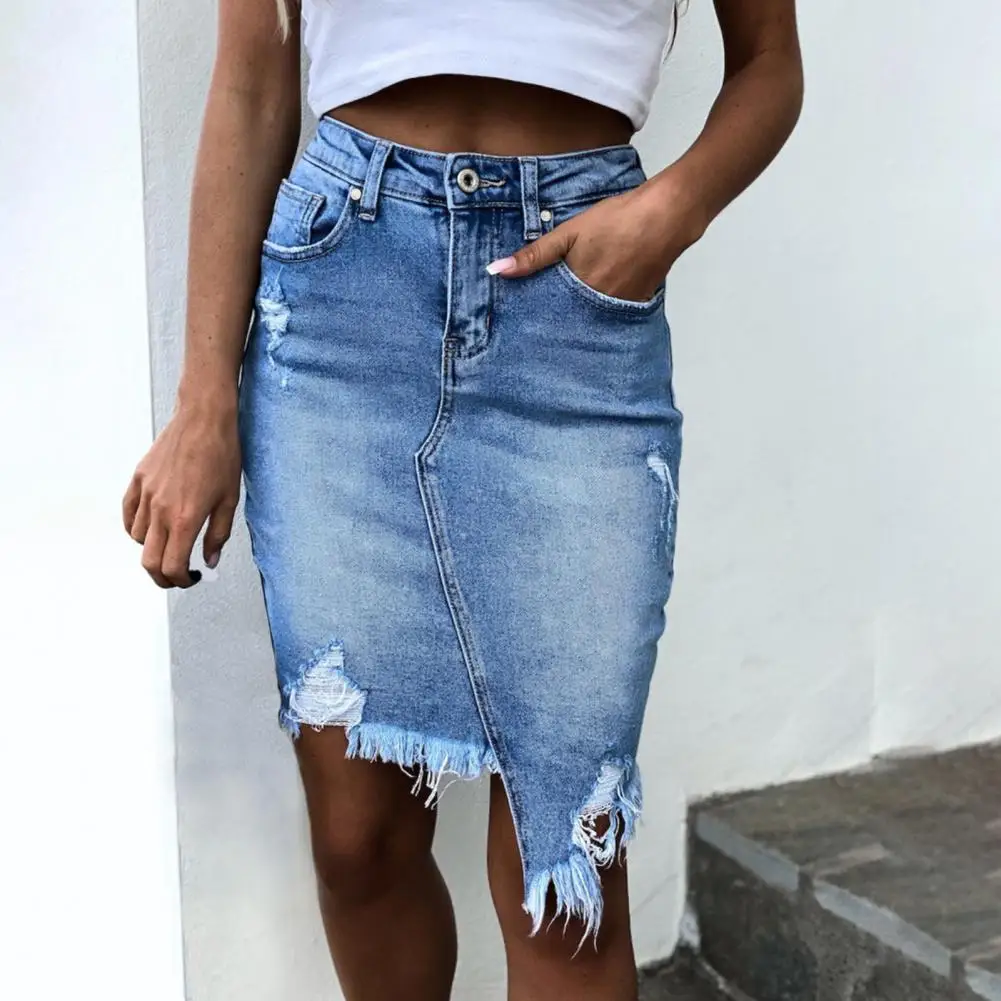 

Denim Blend Skirt Trendy Women's High Waist Denim Skirt with Ripped Holes Irregular Hem Stylish Button Zipper Fly for Streetwear