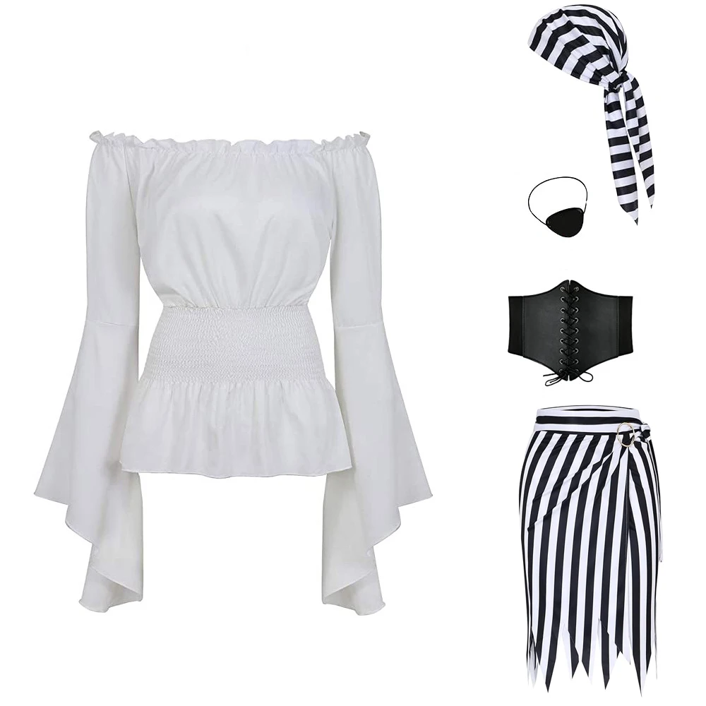 thumbnail image 1 of Disfraz de pirata para mujer, 5 piezas, blusa renacentista, camisa, corsé, cinturón, parche en el ojo, falda pirata, disfraz para fiesta de Halloween, 1 of 5