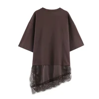 2025 Winter New Product Women's Slim Straight Round Neck Short Sleeve Asymmetric Hemp Splicing Lace T-shirt - Image 5