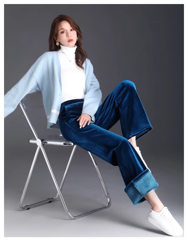 Korean style blue velvet wide leg pants for women in spring and autumn, high-end fashion, loose fit, plus size casual pants