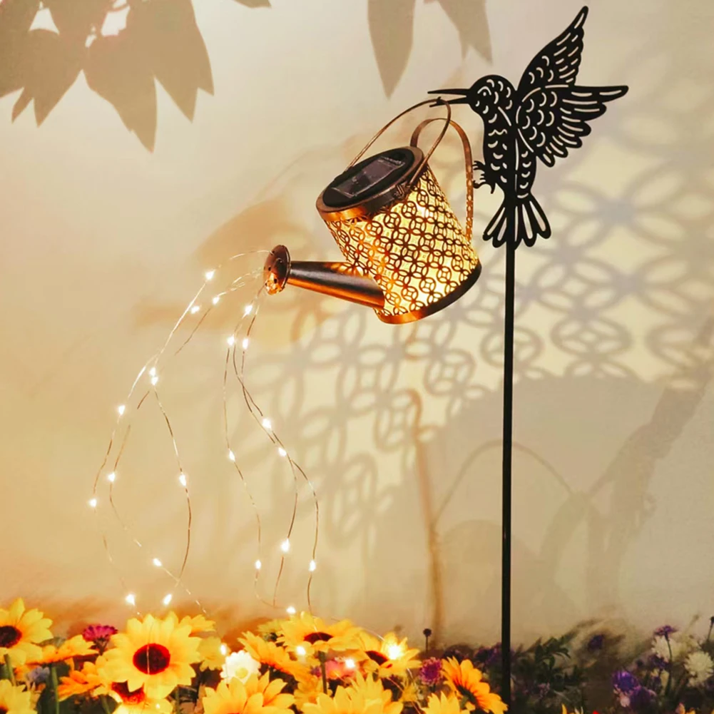 Solar Watering Can Light Metal Hanging Lantern Hummingbird Watering Can Light Garden Stake Light for Garden Yard Balcony