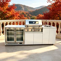 Cuisine extérieure en acier inoxydable avec barbecue, réfrigérateur, plaque de cuisson, évier et réfrigérateur sur roulettes pour jardin ou terrasse. 3