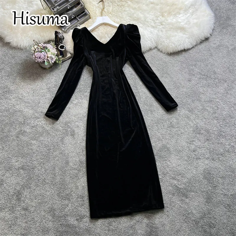 

2022 winter new women's v-neck puff sleeve velvet split sheath dress female Chic waist slim buttocks dresses