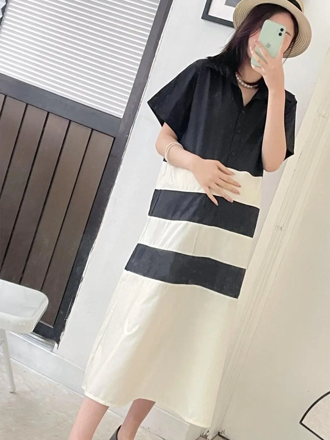 

2023 Summer Korean Style Maternity Dress Block Color Large Stripes Patchwork Pregnant Woman A-Line Dress Loose Pregnancy Clothes