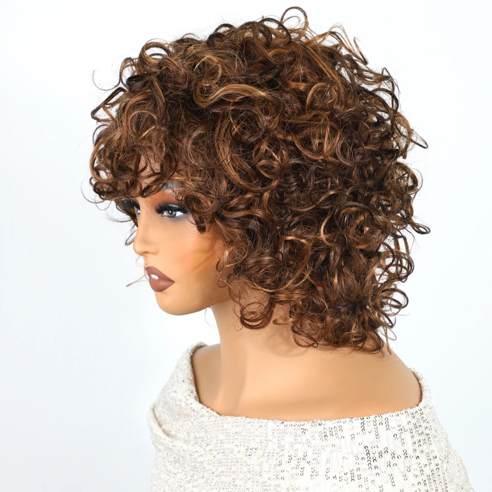 레커 하이라이트 브라운 숏 픽시 아프로 컬리 밥 100% 인모 가발 여성용 브라질 레미 헤어 글루리스 컬러 가발