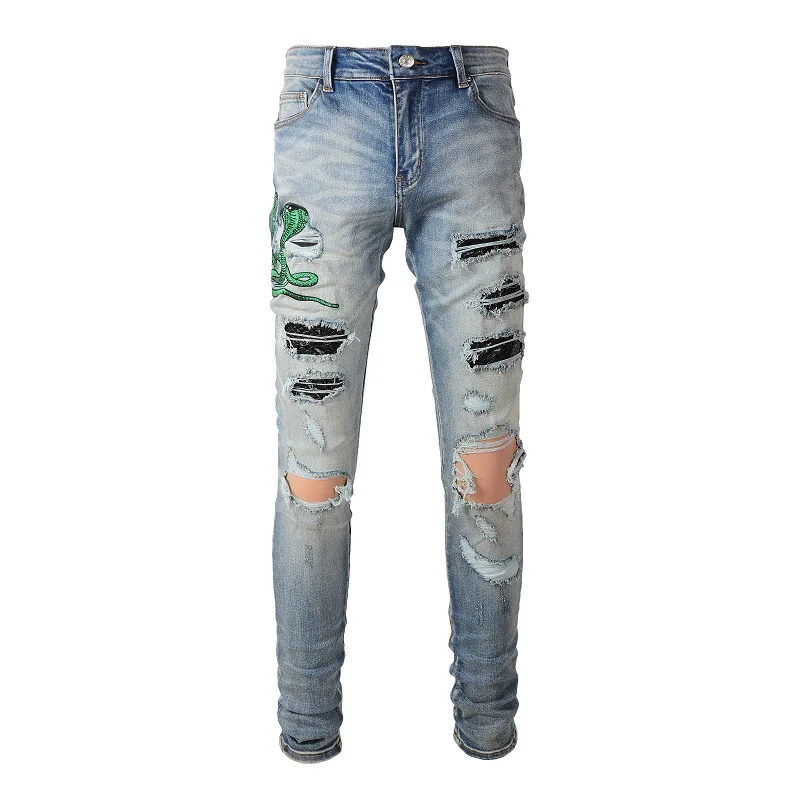 

Europe and the United States high street retro men's jeans broken jeans high street youth slim beggar pants influx of street fashion