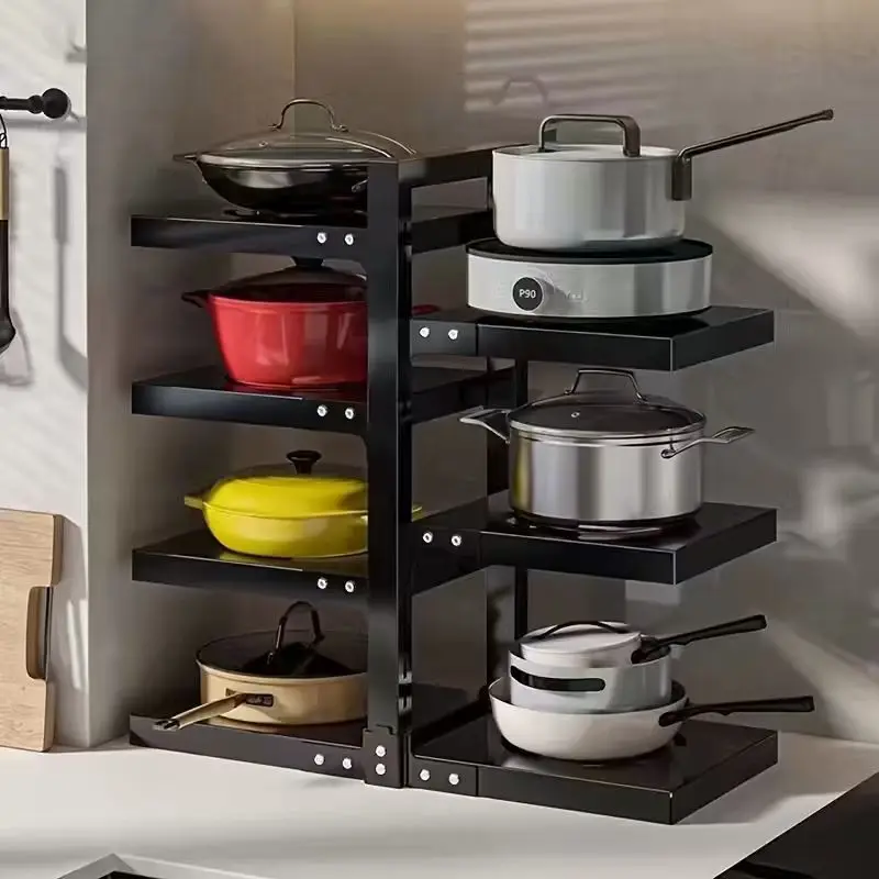 1pc Heavy-Duty Carbon Kitchen Pot Rack, Multi-Tier -Standing Shelf with Adjustable Shelves & Pot Lid Storage - Space
