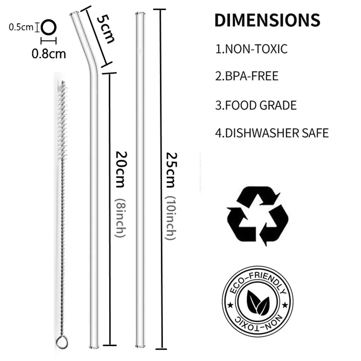 Drinking Straws Glass Straw Set Straw Cleaner Brush 25cm Long Glass Drinking Straws Clear Reusable Glass Straws Set with Brushes Eco Friendly for Smoothie Milkshake