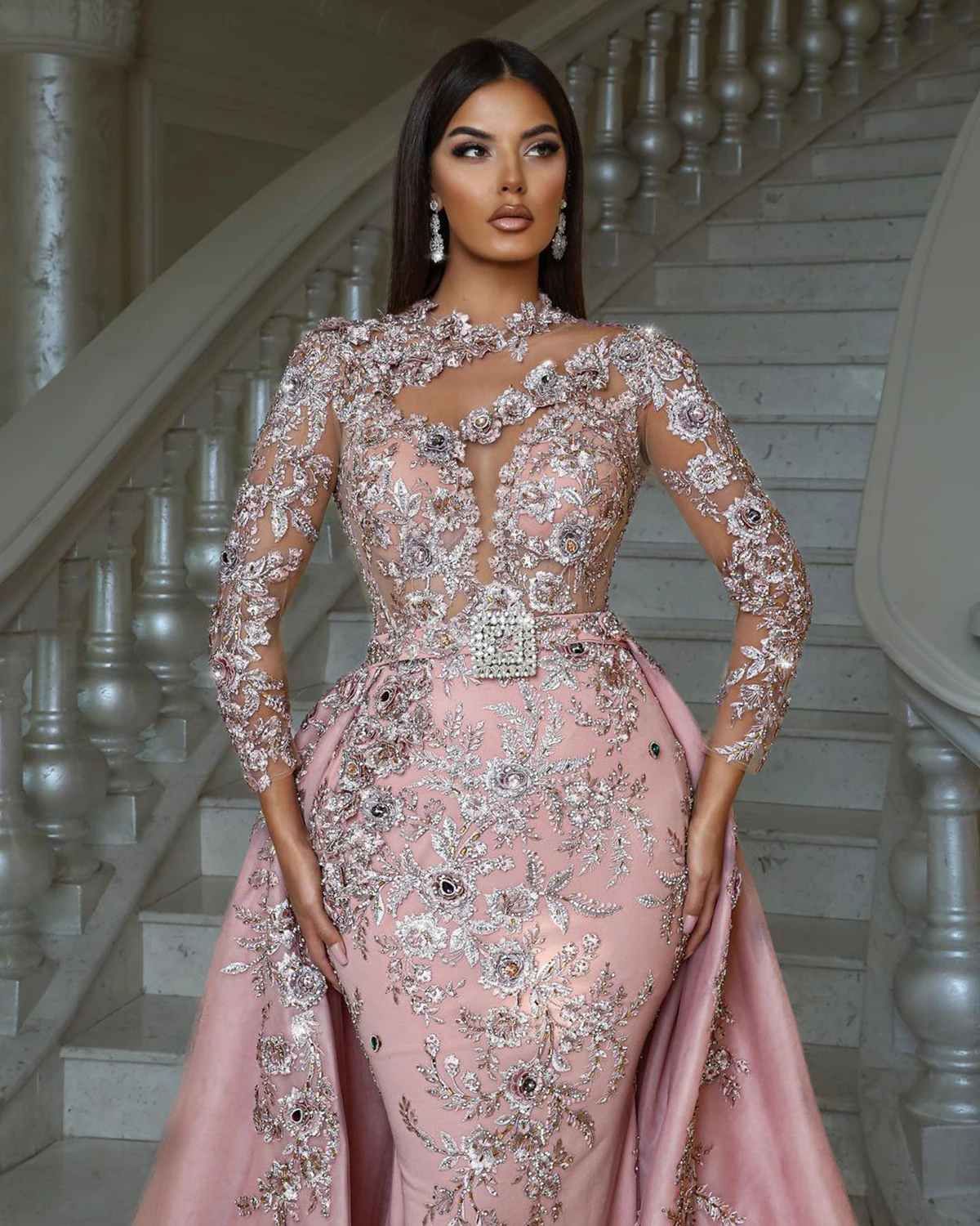 Luxury Pink Mermaid Evening Dress Woman Glitter Applique Flowers Prom Gowns Long Sleeves Party Night Dresses فستان سهرة نسائي