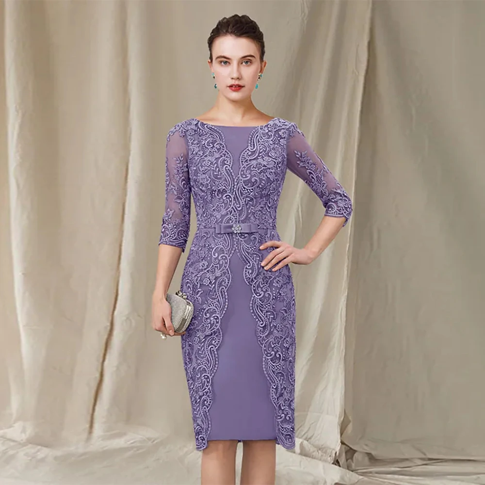 Lavender Short Mother of The Bride Dress Scoop Half Sleevs Lace Knee Length Wedding Guest Gown Groom Suits mother bride dresses